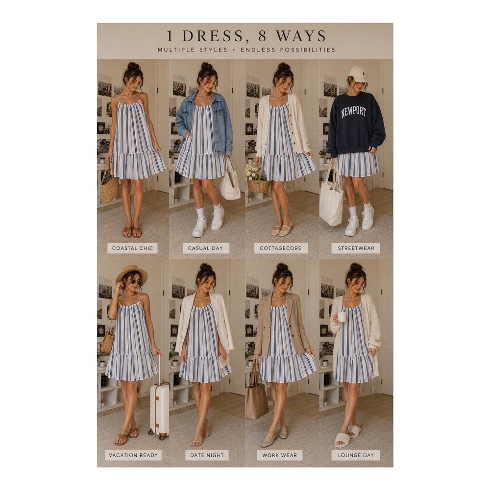 HM Striped Babydoll Dress Navy White Tiered Mini Sun Dress US 4